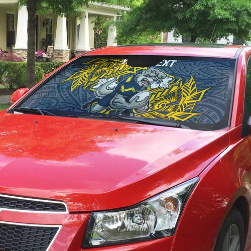 Personalised North Queensland Cowboys Auto Sun Shade Polynesian Tribal Pattern With Rugby Bull Mascot Art