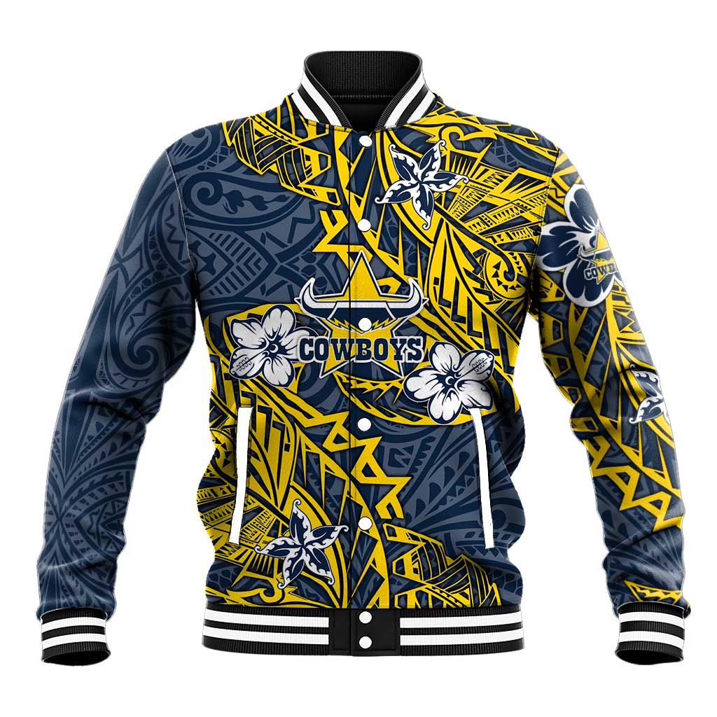 Personalised North Queensland Cowboys Baseball Jacket Polynesian Tribal Pattern With Rugby Bull Mascot Art