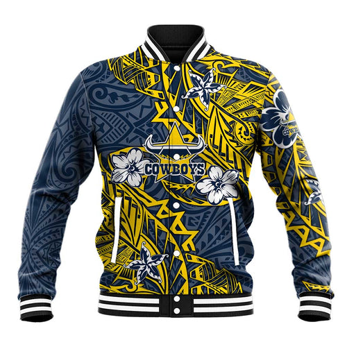 Personalised North Queensland Cowboys Baseball Jacket Polynesian Tribal Pattern With Rugby Bull Mascot Art