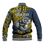 Personalised North Queensland Cowboys Baseball Jacket Polynesian Tribal Pattern With Rugby Bull Mascot Art