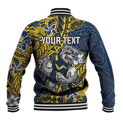 Personalised North Queensland Cowboys Baseball Jacket Polynesian Tribal Pattern With Rugby Bull Mascot Art