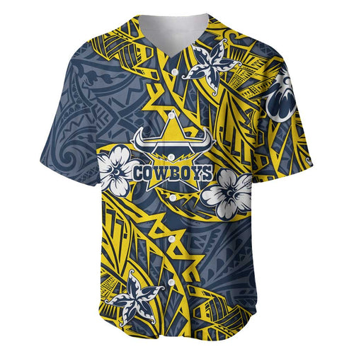Personalised North Queensland Cowboys Baseball Jersey Polynesian Tribal Pattern With Rugby Bull Mascot Art