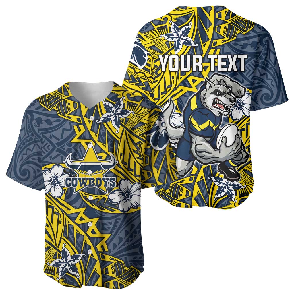 Personalised North Queensland Cowboys Baseball Jersey Polynesian Tribal Pattern With Rugby Bull Mascot Art