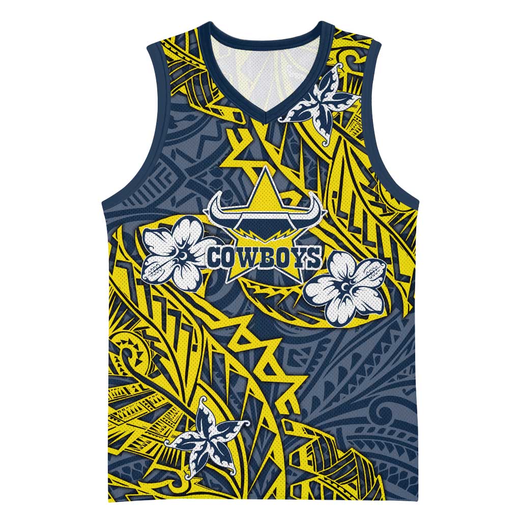 Personalised North Queensland Cowboys Basketball Jersey Polynesian Tribal Pattern With Rugby Bull Mascot Art