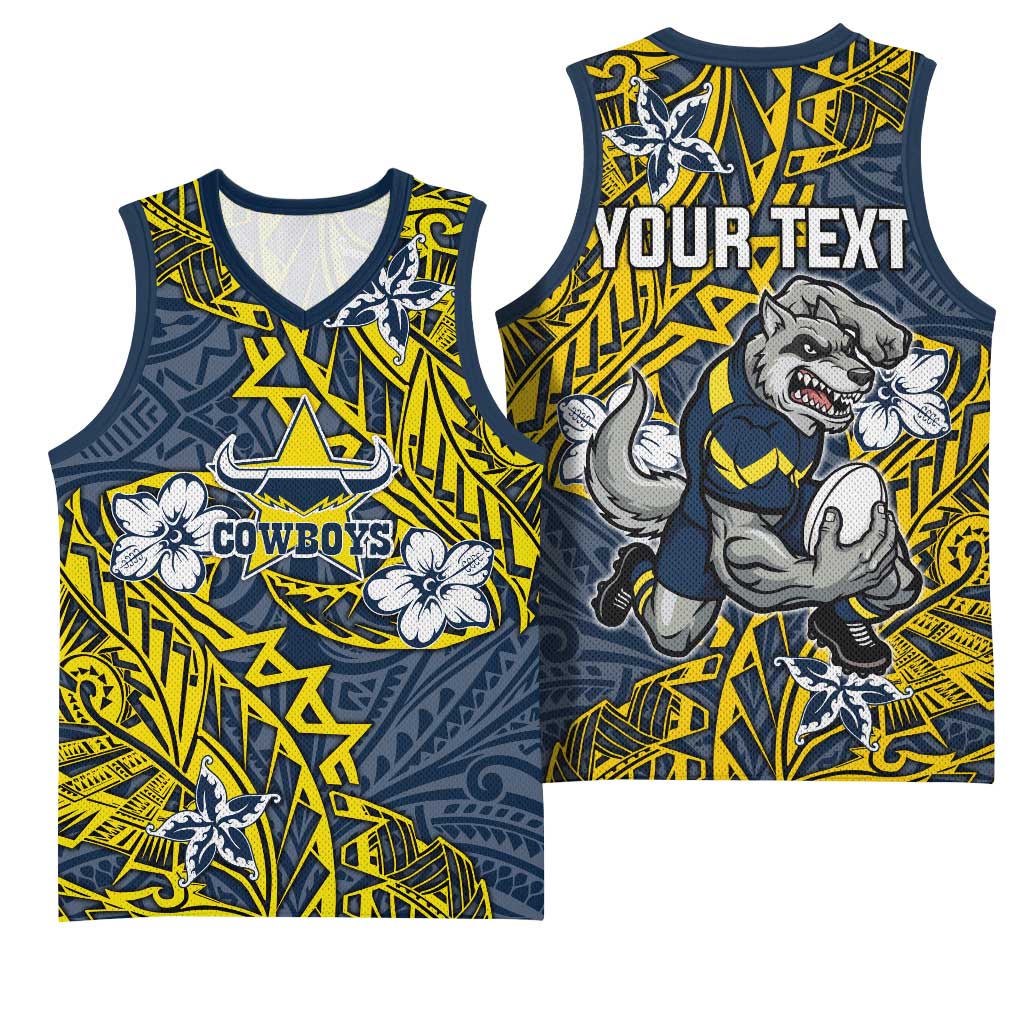 Personalised North Queensland Cowboys Basketball Jersey Polynesian Tribal Pattern With Rugby Bull Mascot Art