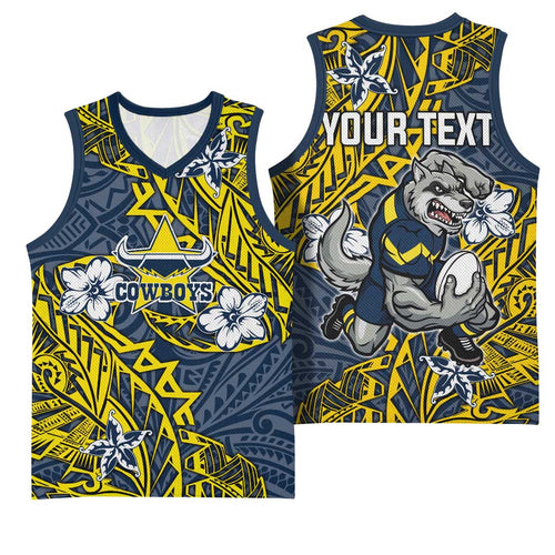 Personalised North Queensland Cowboys Basketball Jersey Polynesian Tribal Pattern With Rugby Bull Mascot Art