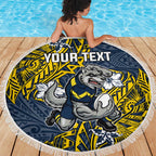 Personalised North Queensland Cowboys Beach Blanket Polynesian Tribal Pattern With Rugby Bull Mascot Art