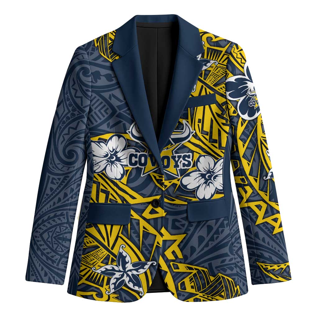 Personalised North Queensland Cowboys Blazer Polynesian Tribal Pattern With Rugby Bull Mascot Art