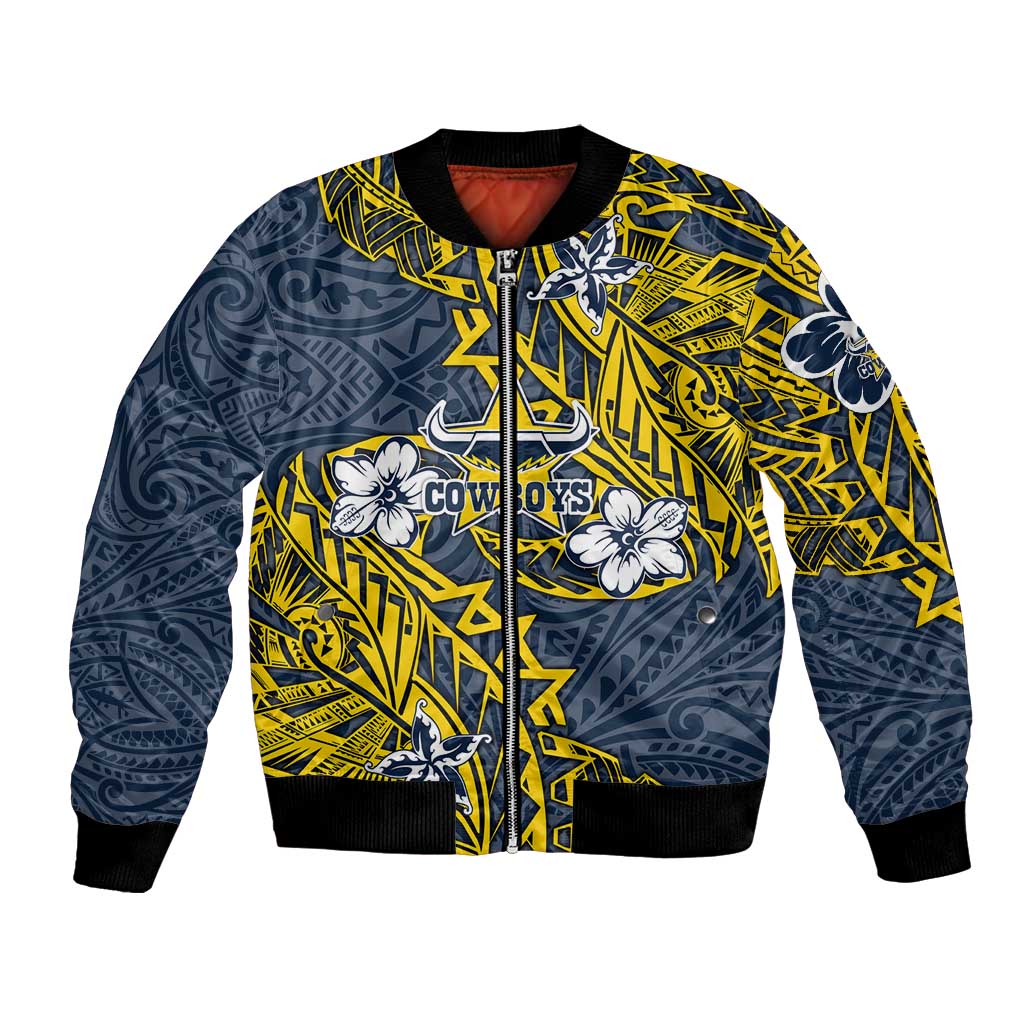 Personalised North Queensland Cowboys Bomber Jacket Polynesian Tribal Pattern With Rugby Bull Mascot Art