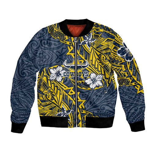 Personalised North Queensland Cowboys Bomber Jacket Polynesian Tribal Pattern With Rugby Bull Mascot Art