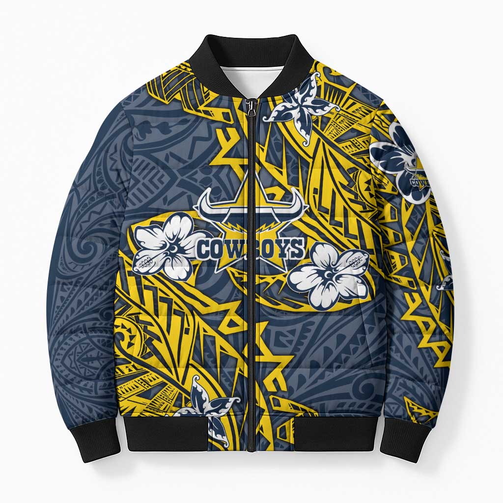 Personalised North Queensland Cowboys Bomber Puffer Jacket Polynesian Tribal Pattern With Rugby Bull Mascot Art