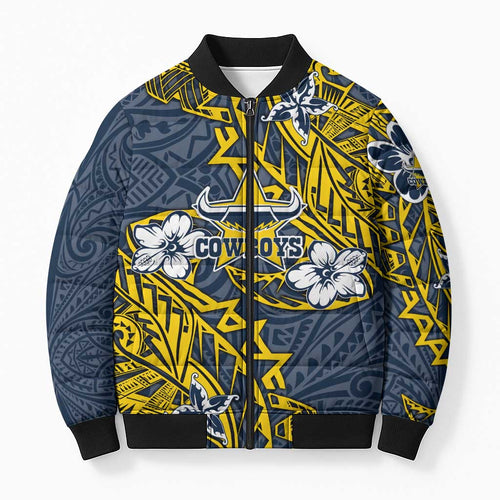 Personalised North Queensland Cowboys Bomber Puffer Jacket Polynesian Tribal Pattern With Rugby Bull Mascot Art
