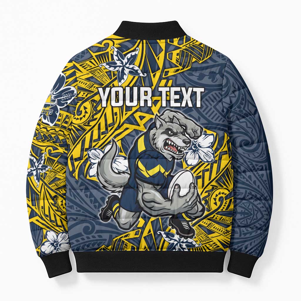 Personalised North Queensland Cowboys Bomber Puffer Jacket Polynesian Tribal Pattern With Rugby Bull Mascot Art