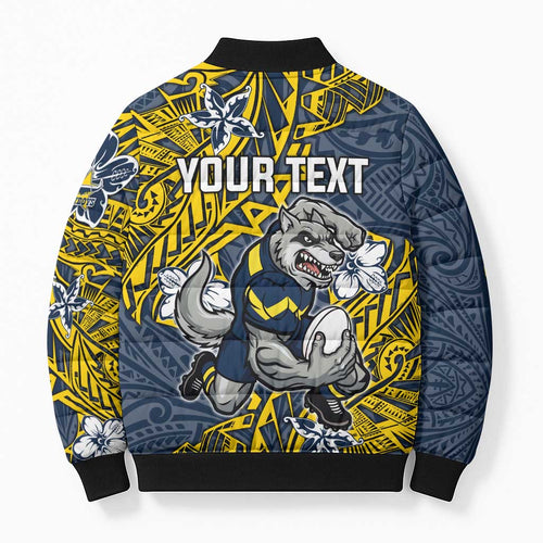 Personalised North Queensland Cowboys Bomber Puffer Jacket Polynesian Tribal Pattern With Rugby Bull Mascot Art