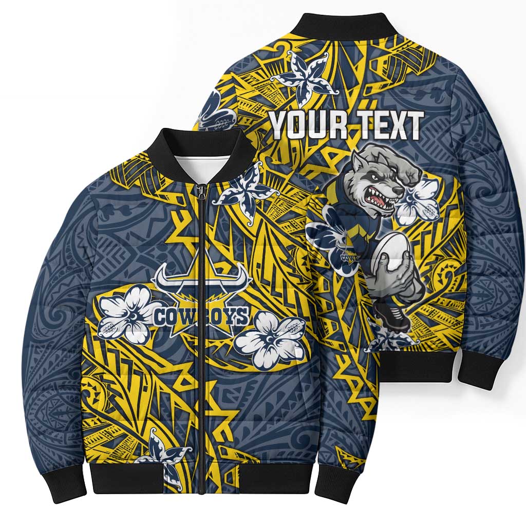 Personalised North Queensland Cowboys Bomber Puffer Jacket Polynesian Tribal Pattern With Rugby Bull Mascot Art