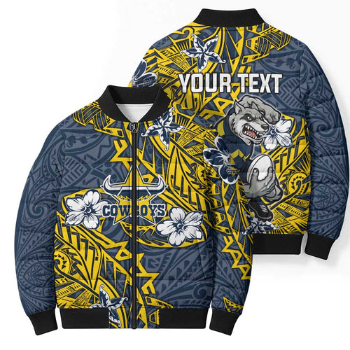 Personalised North Queensland Cowboys Bomber Puffer Jacket Polynesian Tribal Pattern With Rugby Bull Mascot Art