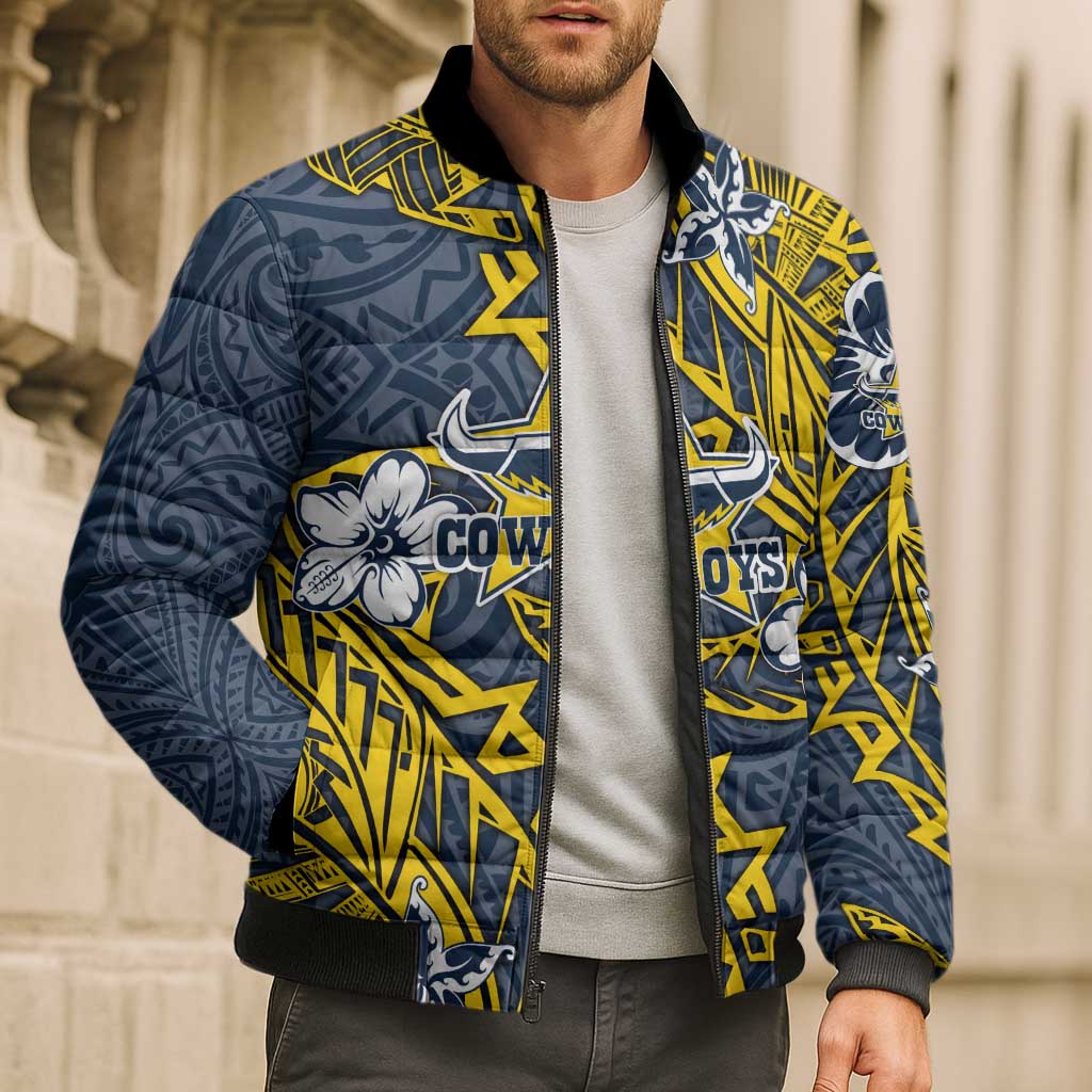 Personalised North Queensland Cowboys Bomber Puffer Jacket Polynesian Tribal Pattern With Rugby Bull Mascot Art