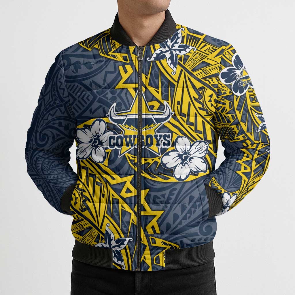 Personalised North Queensland Cowboys Bomber Puffer Jacket Polynesian Tribal Pattern With Rugby Bull Mascot Art