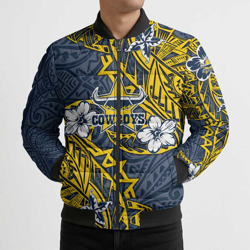 Personalised North Queensland Cowboys Bomber Puffer Jacket Polynesian Tribal Pattern With Rugby Bull Mascot Art