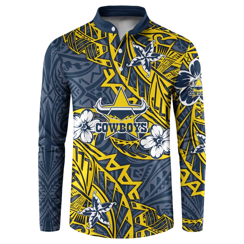 Personalised North Queensland Cowboys Button Sweatshirt Polynesian Tribal Pattern With Rugby Bull Mascot Art