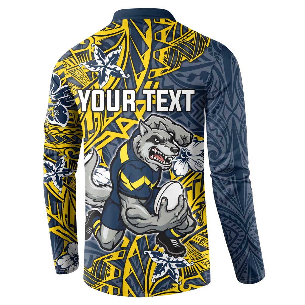 Personalised North Queensland Cowboys Button Sweatshirt Polynesian Tribal Pattern With Rugby Bull Mascot Art
