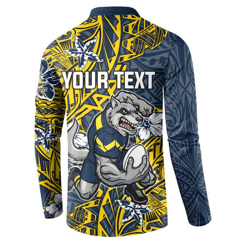 Personalised North Queensland Cowboys Button Sweatshirt Polynesian Tribal Pattern With Rugby Bull Mascot Art