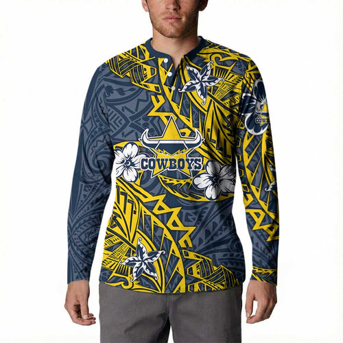 Personalised North Queensland Cowboys Button Sweatshirt Polynesian Tribal Pattern With Rugby Bull Mascot Art