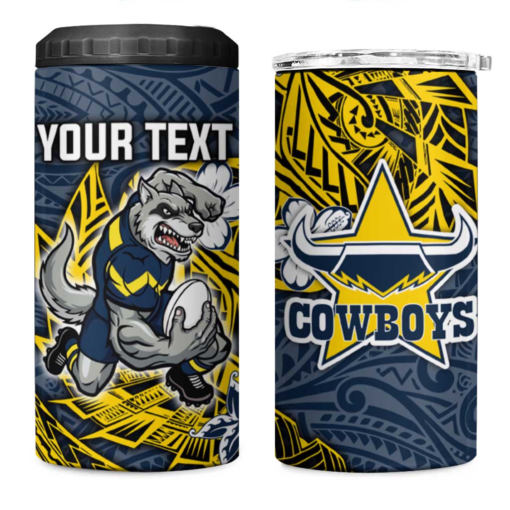 Personalised North Queensland Cowboys 4 in 1 Can Cooler Tumbler Polynesian Tribal Pattern With Rugby Bull Mascot Art