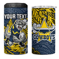Personalised North Queensland Cowboys 4 in 1 Can Cooler Tumbler Polynesian Tribal Pattern With Rugby Bull Mascot Art