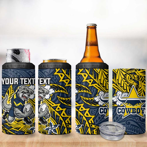 Personalised North Queensland Cowboys 4 in 1 Can Cooler Tumbler Polynesian Tribal Pattern With Rugby Bull Mascot Art