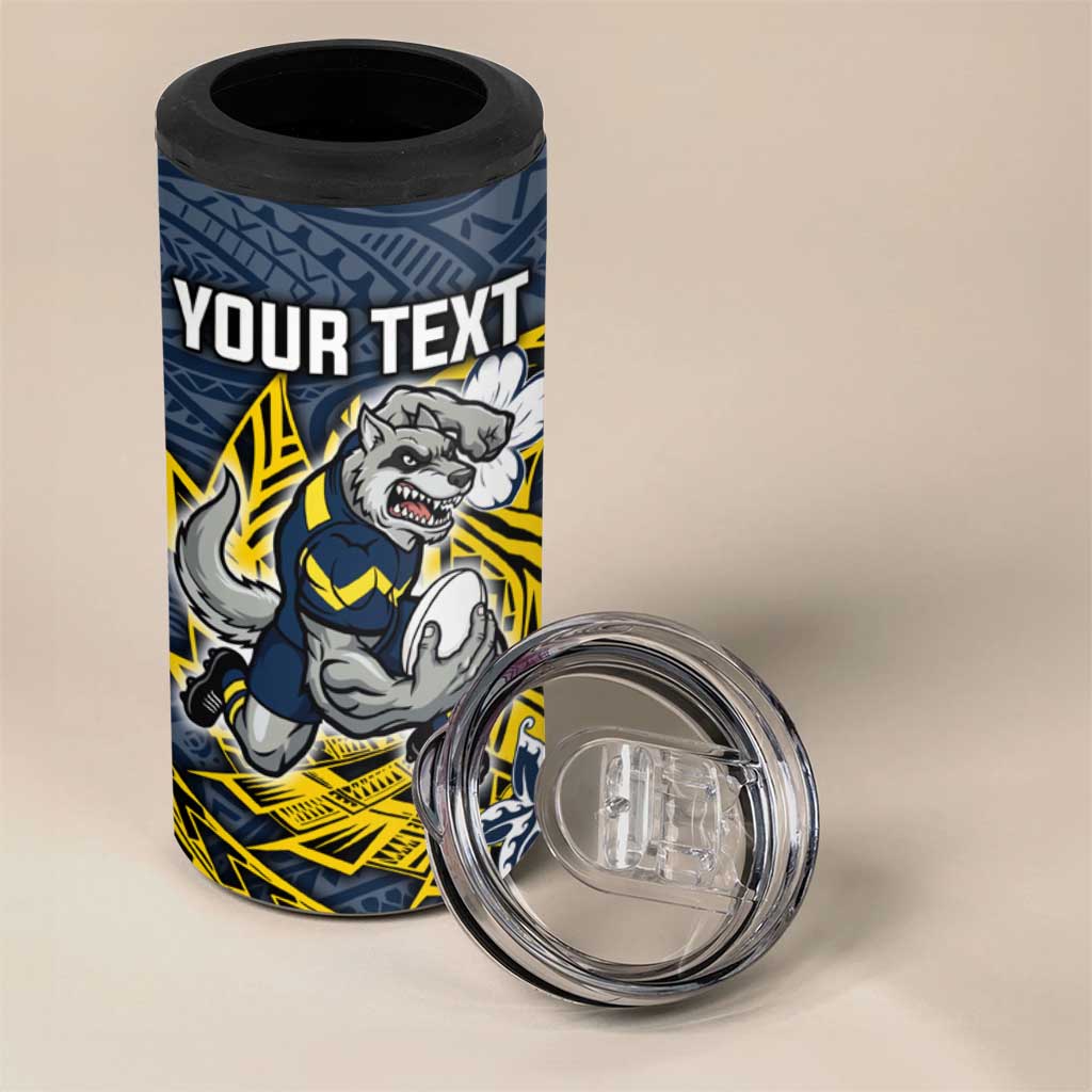 Personalised North Queensland Cowboys 4 in 1 Can Cooler Tumbler Polynesian Tribal Pattern With Rugby Bull Mascot Art
