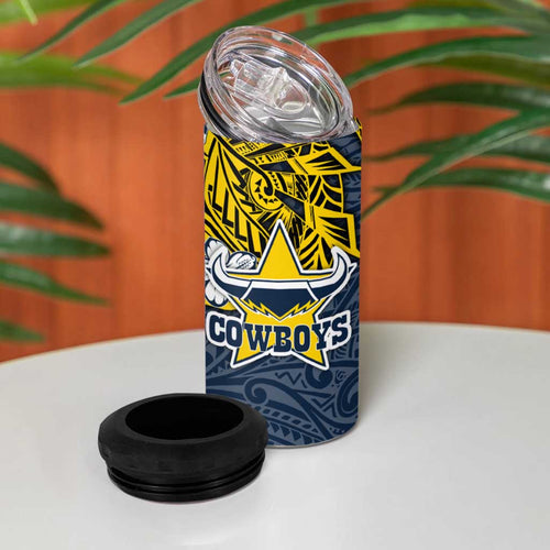 Personalised North Queensland Cowboys 4 in 1 Can Cooler Tumbler Polynesian Tribal Pattern With Rugby Bull Mascot Art