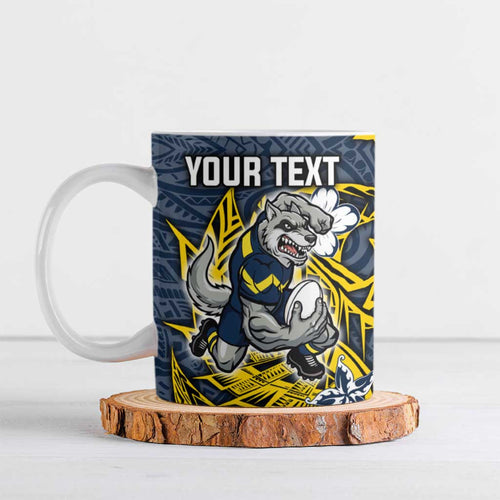 Personalised North Queensland Cowboys Ceramic Mug Polynesian Tribal Pattern With Rugby Bull Mascot Art