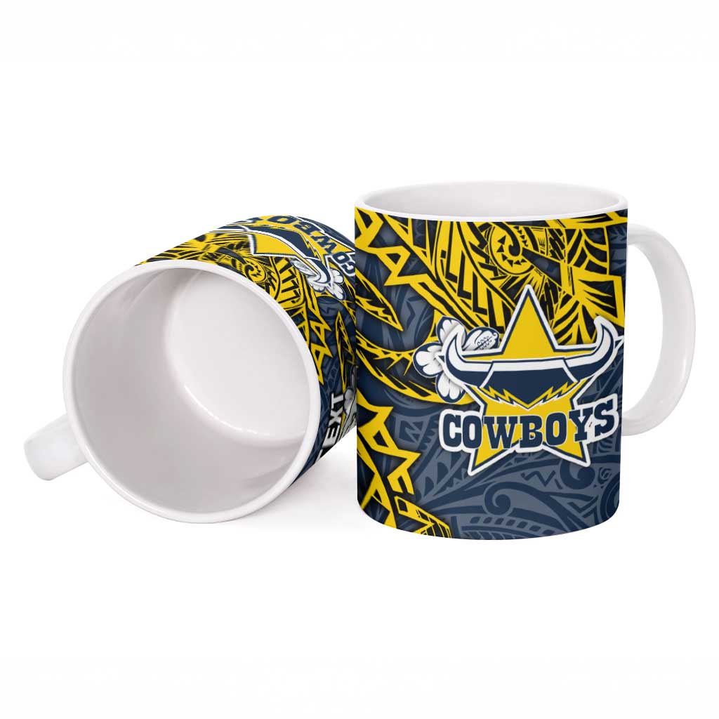 Personalised North Queensland Cowboys Ceramic Mug Polynesian Tribal Pattern With Rugby Bull Mascot Art