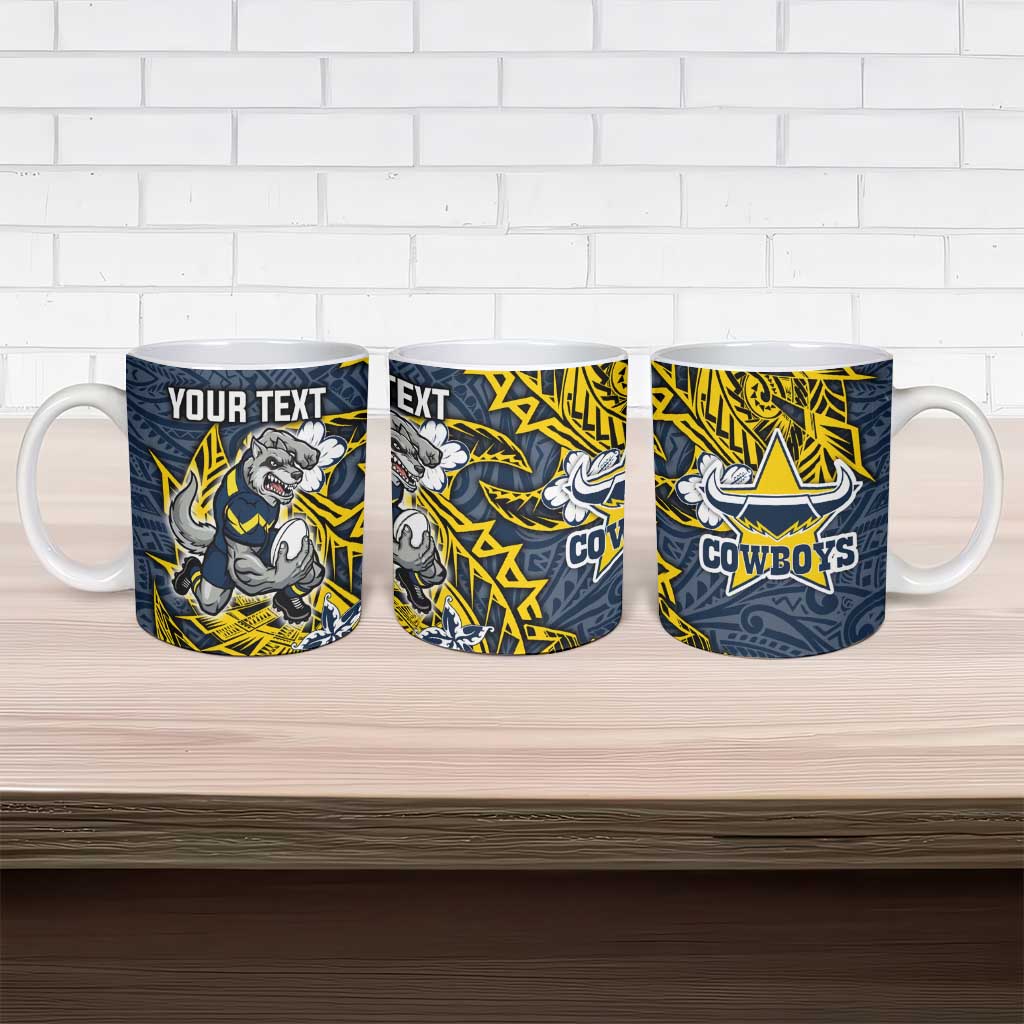 Personalised North Queensland Cowboys Ceramic Mug Polynesian Tribal Pattern With Rugby Bull Mascot Art