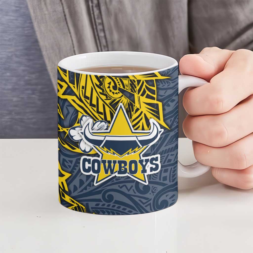 Personalised North Queensland Cowboys Ceramic Mug Polynesian Tribal Pattern With Rugby Bull Mascot Art