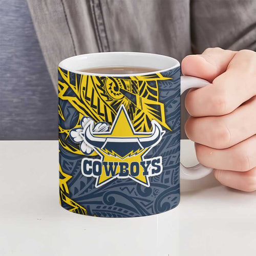 Personalised North Queensland Cowboys Ceramic Mug Polynesian Tribal Pattern With Rugby Bull Mascot Art