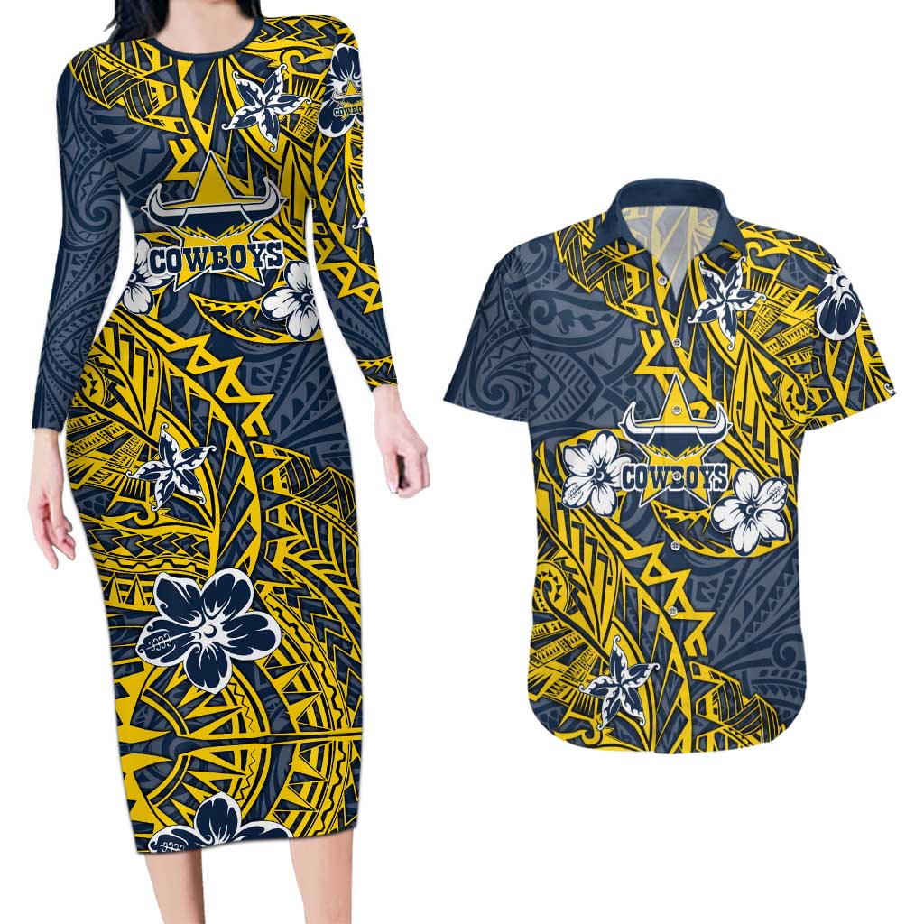 Personalised North Queensland Cowboys Couples Matching Long Sleeve Bodycon Dress and Hawaiian Shirt Polynesian Tribal Pattern With Rugby Bull Mascot Art