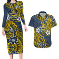 Personalised North Queensland Cowboys Couples Matching Long Sleeve Bodycon Dress and Hawaiian Shirt Polynesian Tribal Pattern With Rugby Bull Mascot Art