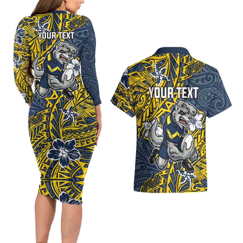 Personalised North Queensland Cowboys Couples Matching Long Sleeve Bodycon Dress and Hawaiian Shirt Polynesian Tribal Pattern With Rugby Bull Mascot Art