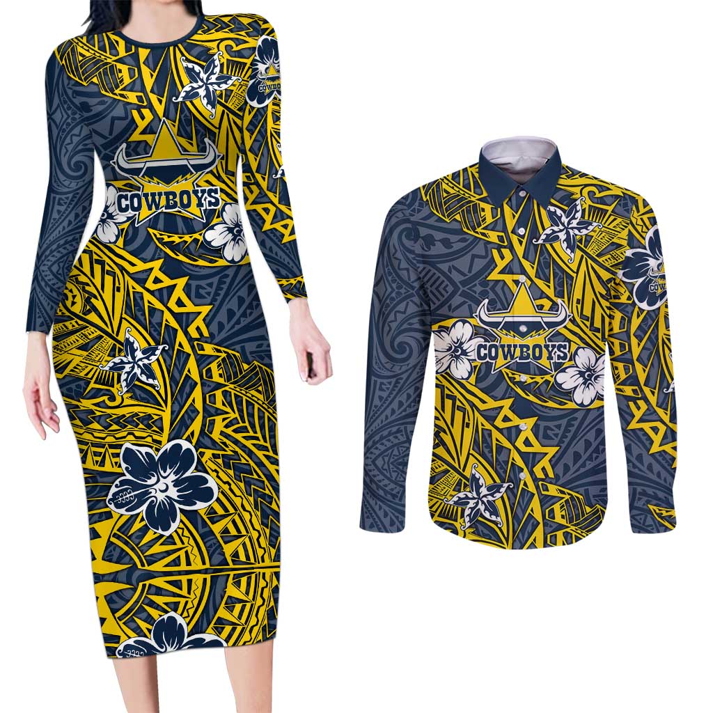 Personalised North Queensland Cowboys Couples Matching Long Sleeve Bodycon Dress and Long Sleeve Button Shirt Polynesian Tribal Pattern With Rugby Bull Mascot Art