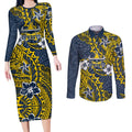 Personalised North Queensland Cowboys Couples Matching Long Sleeve Bodycon Dress and Long Sleeve Button Shirt Polynesian Tribal Pattern With Rugby Bull Mascot Art