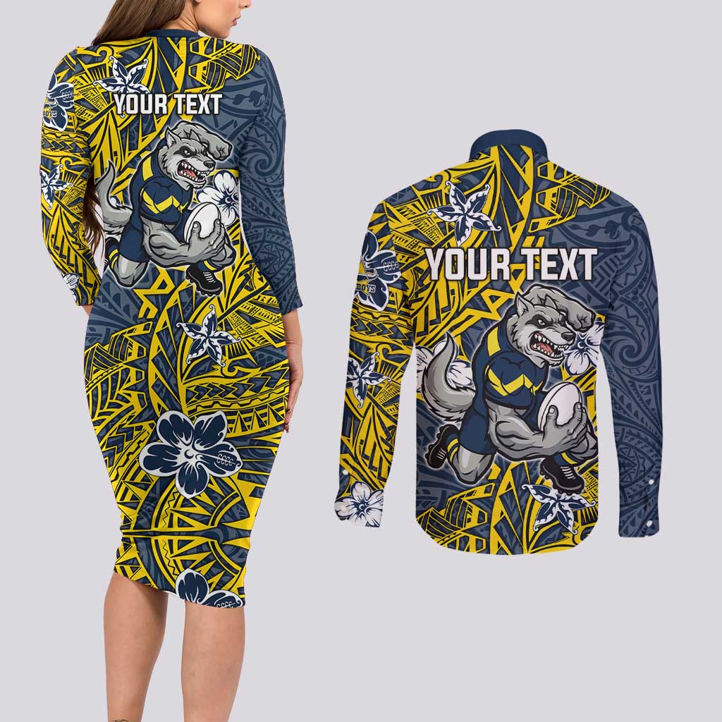 Personalised North Queensland Cowboys Couples Matching Long Sleeve Bodycon Dress and Long Sleeve Button Shirt Polynesian Tribal Pattern With Rugby Bull Mascot Art