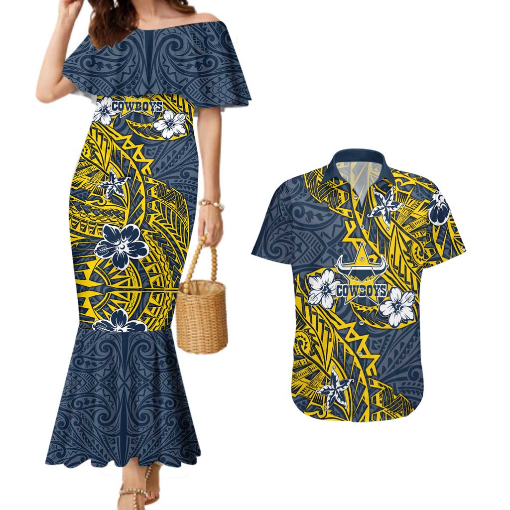 Personalised North Queensland Cowboys Couples Matching Mermaid Dress and Hawaiian Shirt Polynesian Tribal Pattern With Rugby Bull Mascot Art