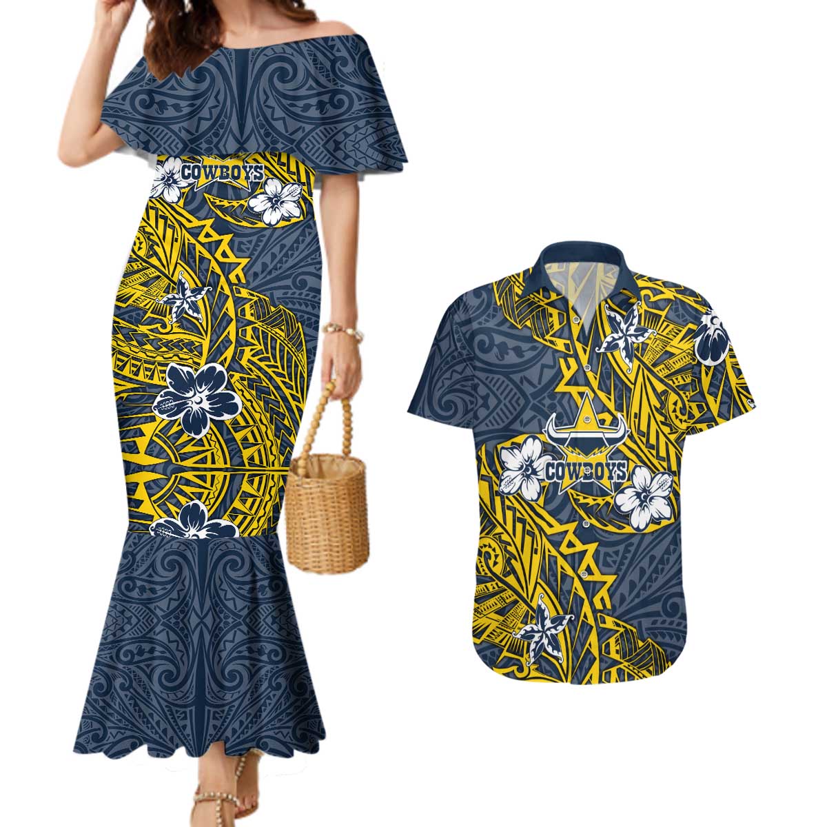 Personalised North Queensland Cowboys Couples Matching Mermaid Dress and Hawaiian Shirt Polynesian Tribal Pattern With Rugby Bull Mascot Art