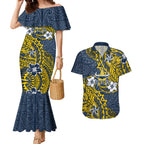 Personalised North Queensland Cowboys Couples Matching Mermaid Dress and Hawaiian Shirt Polynesian Tribal Pattern With Rugby Bull Mascot Art