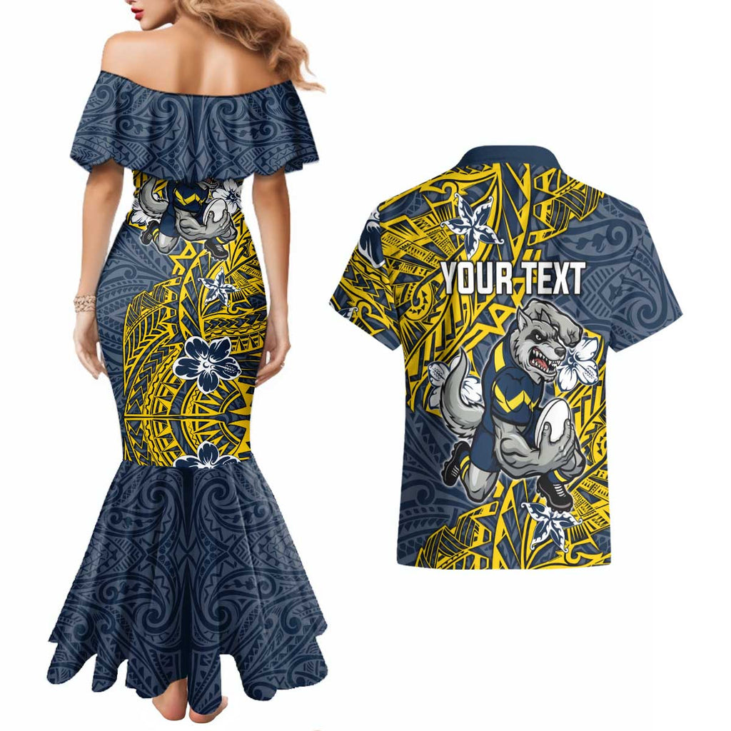 Personalised North Queensland Cowboys Couples Matching Mermaid Dress and Hawaiian Shirt Polynesian Tribal Pattern With Rugby Bull Mascot Art