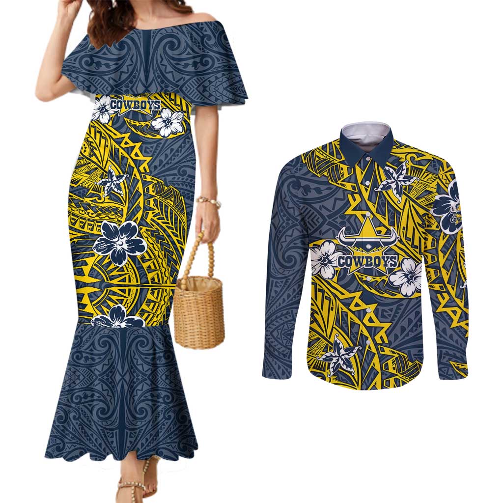 Personalised North Queensland Cowboys Couples Matching Mermaid Dress and Long Sleeve Button Shirt Polynesian Tribal Pattern With Rugby Bull Mascot Art