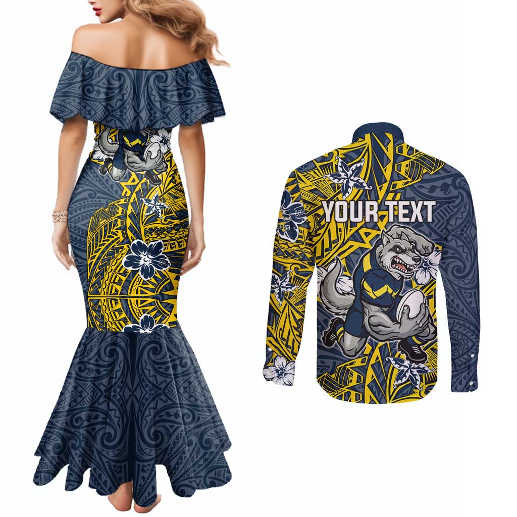 Personalised North Queensland Cowboys Couples Matching Mermaid Dress and Long Sleeve Button Shirt Polynesian Tribal Pattern With Rugby Bull Mascot Art