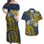 Personalised North Queensland Cowboys Couples Matching Off Shoulder Maxi Dress and Hawaiian Shirt Polynesian Tribal Pattern With Rugby Bull Mascot Art